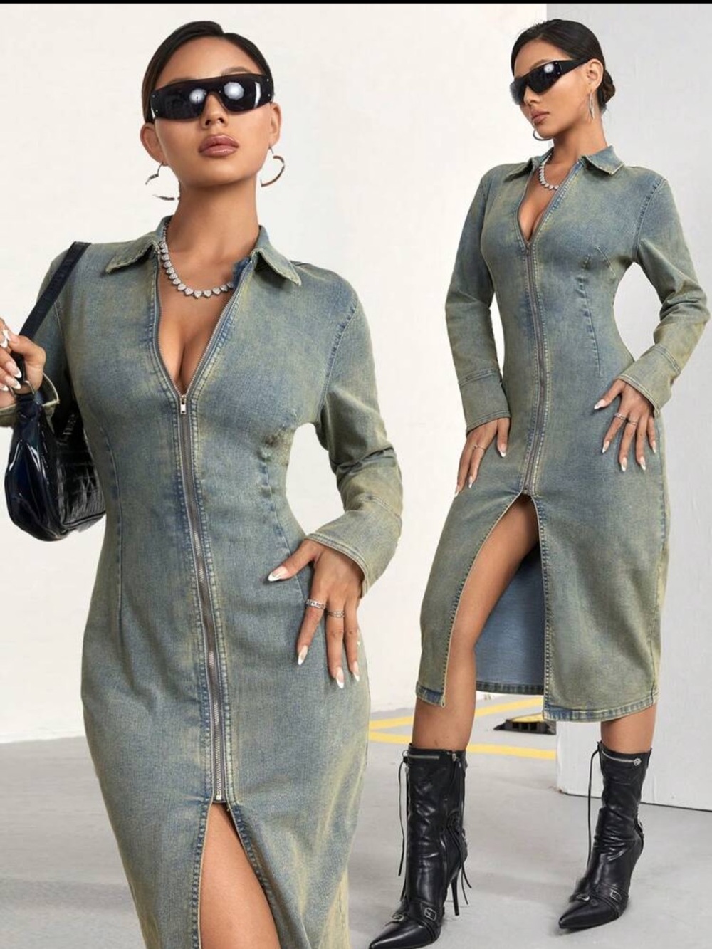 Zipper Front Denim Midi Dress